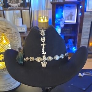 Black Cowboy Hat with Silver 'Outlaw' Band